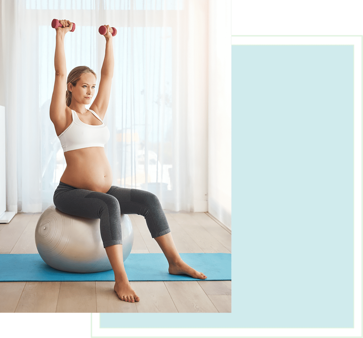 A pregnant woman sitting on an exercise ball.